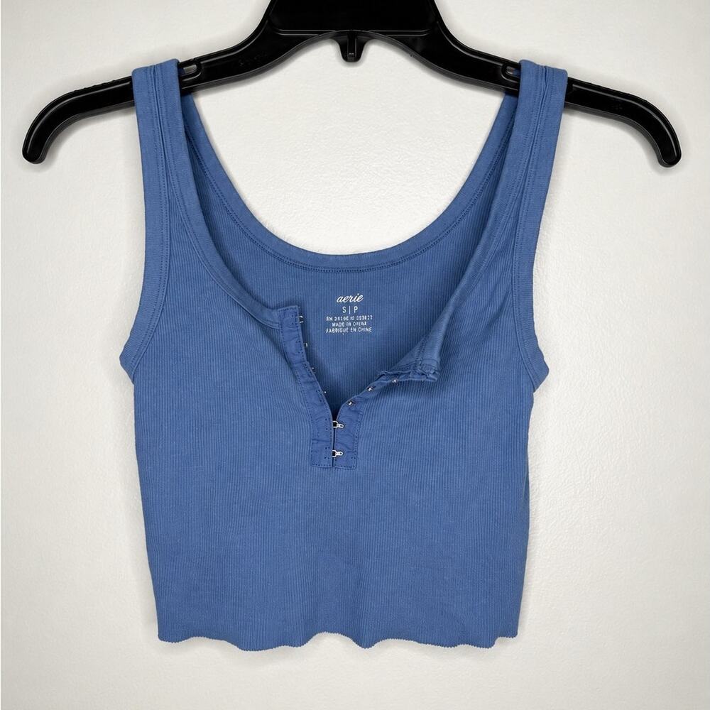 Aerie Blue Ribbed Hook Front Cropped Tank Top | Size Small | Soft Stretch